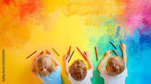 un fondo divertido e infantil pintado en acuarela con colores llamativos con niños acostados con colores ibujando e ilustrando sobre el fondo con espacio de copia para celebrar el dia del niño