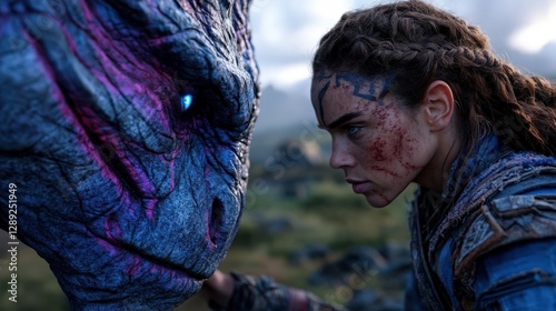 In this dynamic image, a warrior confronts a mystical creature amidst a breathtaking landscape, showcasing a clash of strength and magic, embodying adventure and fantasy.