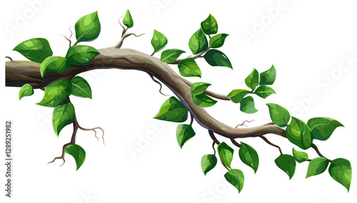 Vector Green Leaves on Twisted Branch, Nature Plant Illustration, Isolated Botanical Element, Eco Design, Organic Growth, Forest Vine, Foliage Art, Decorative Branch, Natural Twig