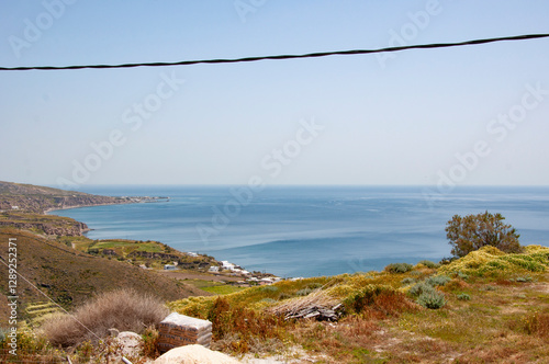Sea horizon view. Landscape and seascape at summer vacation. Mountain bay lagoon with sea horizon. Calm horizon view at sea nature. Romantic summer vacation view on seascape with wire