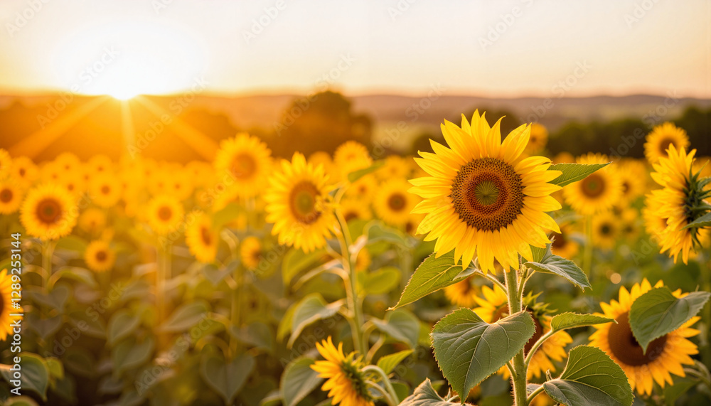 Fototapeta premium Vibrant sunflowers glowing in warm afternoon light, rural serenity