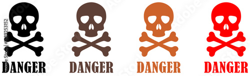 Skull and crossbones icon in a flat design. Scary toxic skull silhouette. Death alert vector illustration. Danger signboard collection on white background.  Danger warning skull design. Vector 