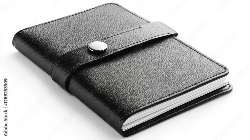 A sleek black notebook with a textured cover and a button closure, perfect for jotting down notes and ideas. A sleek black notebook with a textured cover and a button closure, perfect for jotting down notes and ideas.
