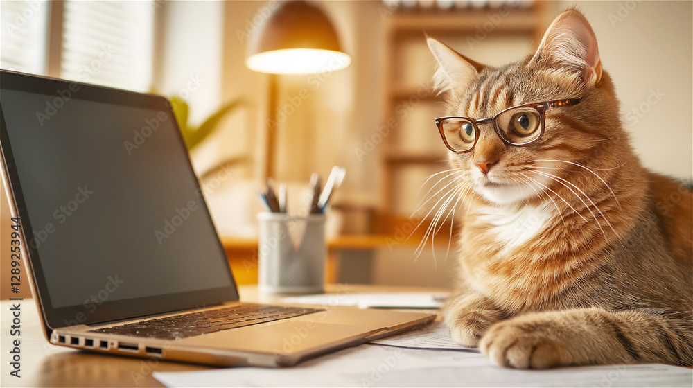A cute kitten in glasses and a playful pose sits on a desk, looking like it’s working on a laptop. The image humorously depicts a cat taking on human-like tasks in an office setting. A cute kitten in glasses and a playful pose sits on a desk, looking like it’s working on a laptop. The image humorously depicts a cat taking on human-like tasks in an office setting.