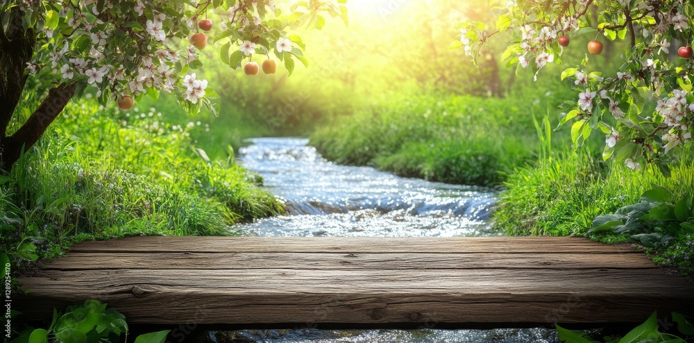 A natural setting in spring features lush greenery, young leaves, and blooming cherry blossoms, accompanied by a vacant wooden deck overlooking a lake A natural setting in spring features lush greenery, young leaves, and blooming cherry blossoms, accompanied by a vacant wooden deck overlooking a lake