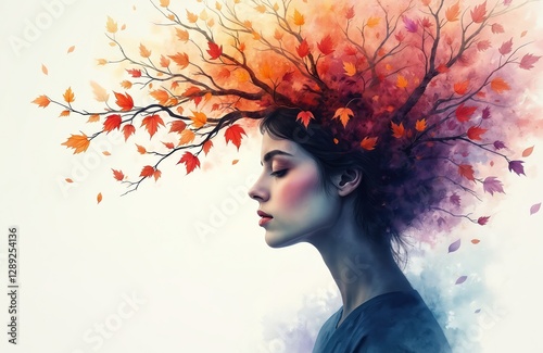 Watercolor illustration of woman with autumn leaves in hair. Fall season theme. Symbolic nature concept. Illustration of poetry, literature, book. Superior painting art, surreal dreamy artistic photo