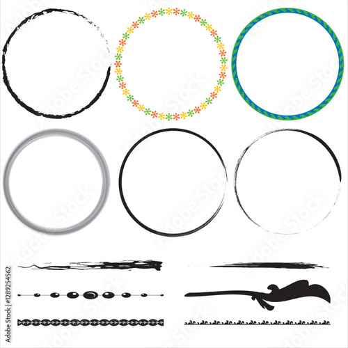 Japanese round brushstrokes. Vector Asian enso circles. Straight distress long lines set. Chinese black zen calligraphy elements.