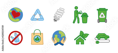 Environment care icon set. Eco sustainability and green energy vector illustration. Waste recycling, plastic reduction and renewable energy concept. Climate protection colored symbols.