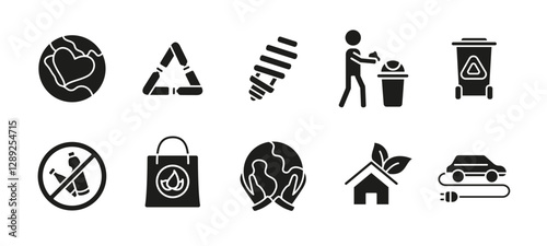 Environment care icon set black. Eco sustainability and green energy vector illustration. Waste recycling, plastic reduction and renewable energy concept. Climate protection and nature save glyph.