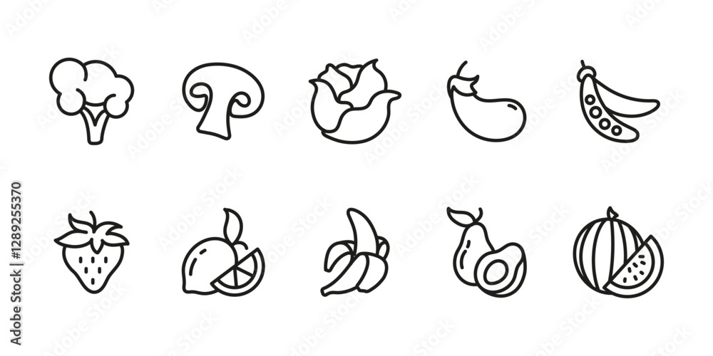 Vegetables and fruits icon set. Healthy food symbol. Organic vegetable and fresh fruit vector illustration. Natural nutrition sign. Grocery and market pictogram. Farm harvest and diet concept. Vegetables and fruits icon set. Healthy food symbol. Organic vegetable and fresh fruit vector illustration. Natural nutrition sign. Grocery and market pictogram. Farm harvest and diet concept.