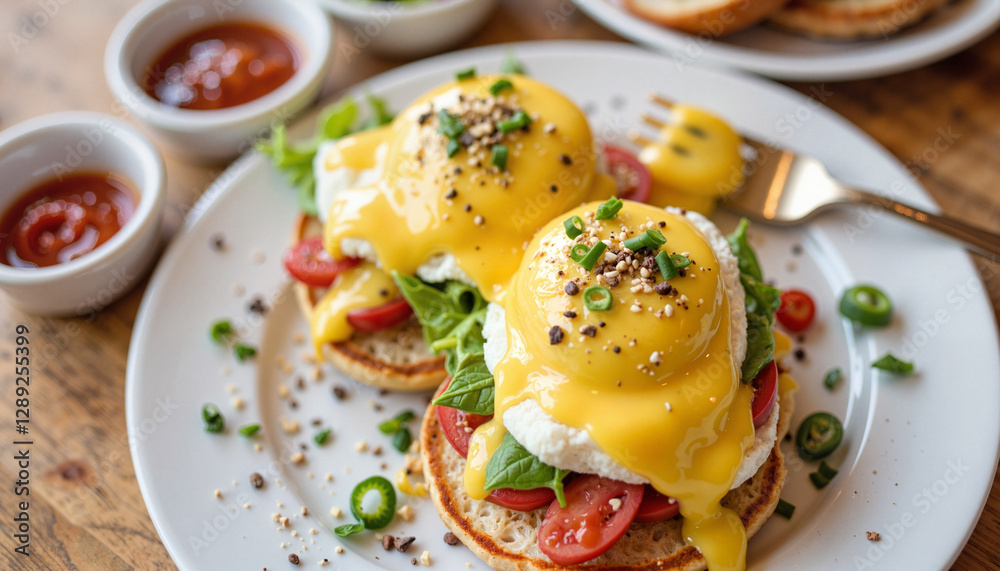 Mini Eggs Benedict platter on cozy brunch table, delightful indulgence Mini Eggs Benedict platter on cozy brunch table, delightful indulgence