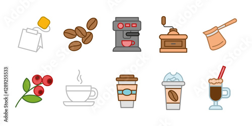 Coffee icon set colored. Caffeine drink symbol collection. Espresso machine vector illustration. Roasted beans and coffee grinder sign. Coffee mug pictogram. Americano beverage colorful glyph.