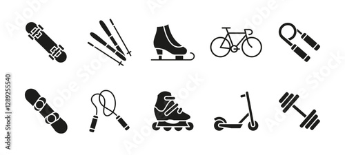 Sports equipment icon set. Fitness and workout black glyph. Bicycle, skateboard and rollerblades vector illustration. Dumbbells and jump rope sign. Ski and scooter pictogram. Recreation concept.