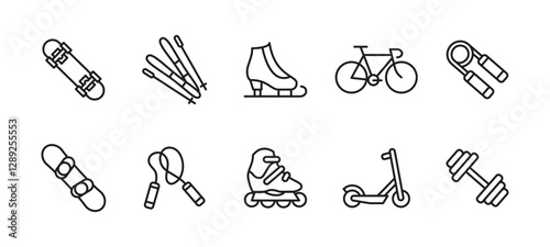 Sports equipment icon set. Fitness and workout symbol collection. Bicycle, skateboard and rollerblades vector illustration. Dumbbells and jump rope sign. Ski and scooter pictogram. Recreation concept.