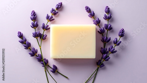 Handmade organic lavender soap bar, natural skincare product mockup on a soft lilac background. Ideal for beauty, wellness, and self-care concepts.