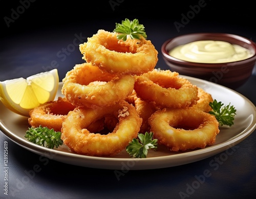 Fotografía de estudio profesional de un Plato de anillos de calamares fritos con boles pequeños de limón y salsa picante de alioli, de fondo blanco, 4k, ultra realista.