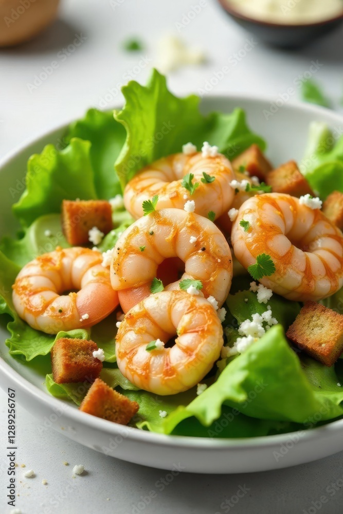 Shrimp and lettuce combination in a creamy sauce, mixed greens, cheese, crunchy croutons