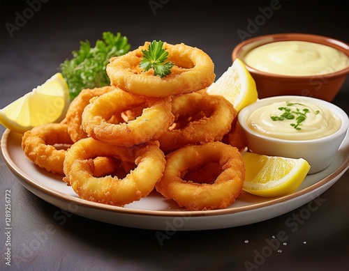 Fotografía de estudio profesional de un Plato de anillos de calamares fritos con boles pequeños de limón y salsa picante de alioli, de fondo blanco, 4k, ultra realista.