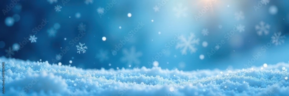 Delicate snowflakes gently fall on a snowy blue background, christmas, frozen, festive Delicate snowflakes gently fall on a snowy blue background, christmas, frozen, festive
