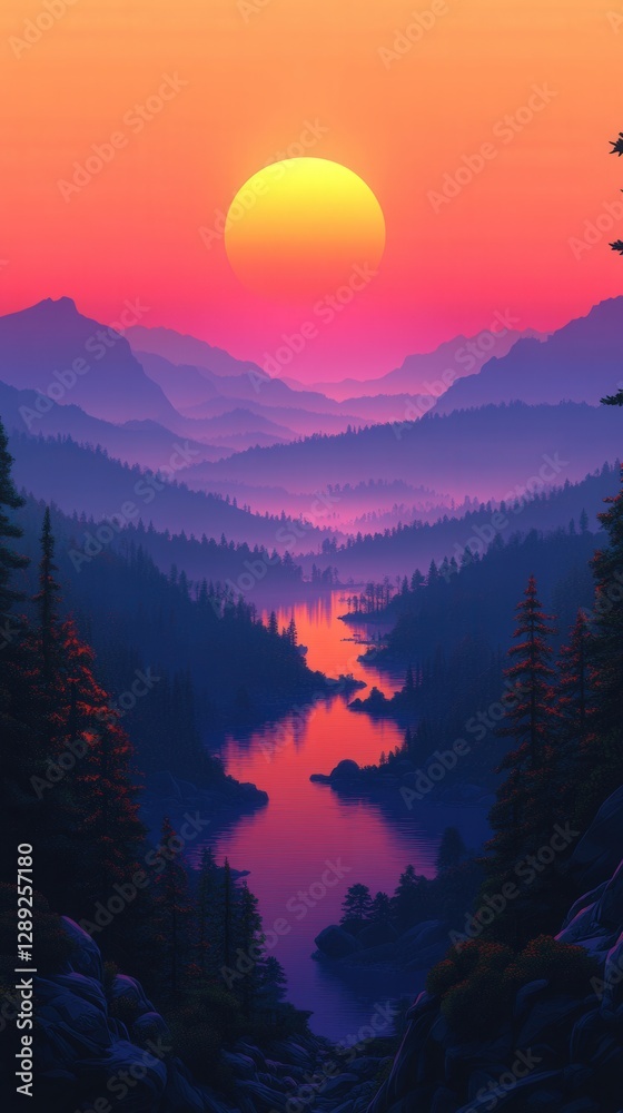 Obraz premium Majestic Sunset Over Serene Mountain Valley with Calm River