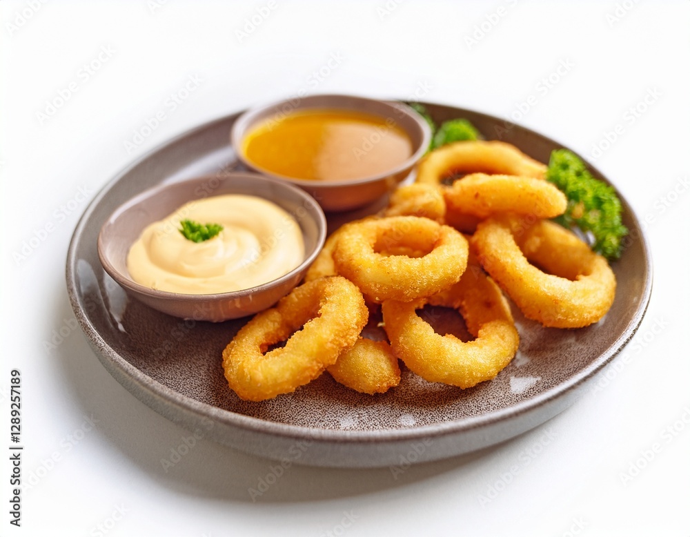 Fotografía de estudio profesional de un Plato de anillos de calamares fritos con boles pequeños de limón y salsa picante de alioli, de fondo blanco, 4k, ultra realista. Fotografía de estudio profesional de un Plato de anillos de calamares fritos con boles pequeños de limón y salsa picante de alioli, de fondo blanco, 4k, ultra realista.
