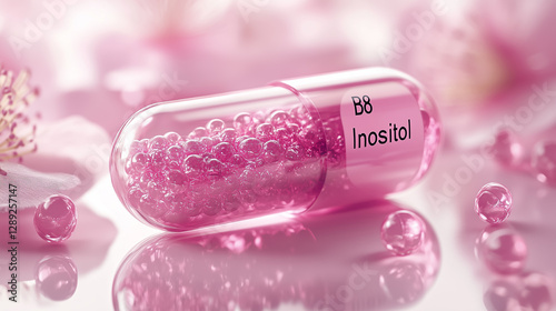 Bright pink inositol capsule surrounded by smaller beads and flower petals on a soft background creates a tranquil setting for wellness products