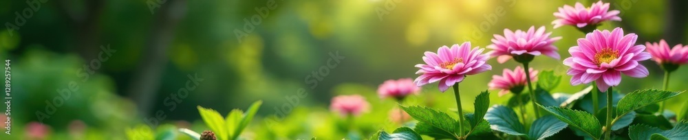Pink chrysanthemum stems rise from the ground, greenery, chrysanthemums, lush Pink chrysanthemum stems rise from the ground, greenery, chrysanthemums, lush
