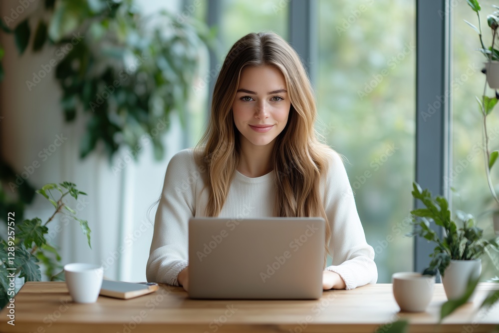 Junge Businessfrau arbeitet am Laptop in modernem Büro mit Naturblick
Junge Businessfrau arbeitet am Laptop in modernem Büro mit Naturblick