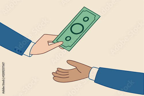 Borrow money from friend, debt and loan, incentive or bonus payment, credit or lending concept, businessman hand giving money banknote to friend's hand.