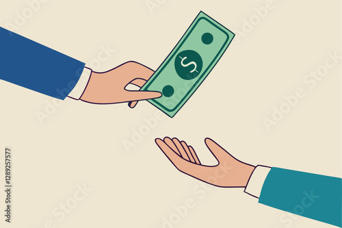 Borrow money from friend, debt and loan, incentive or bonus payment, credit or lending concept, businessman hand giving money banknote to friend's hand.