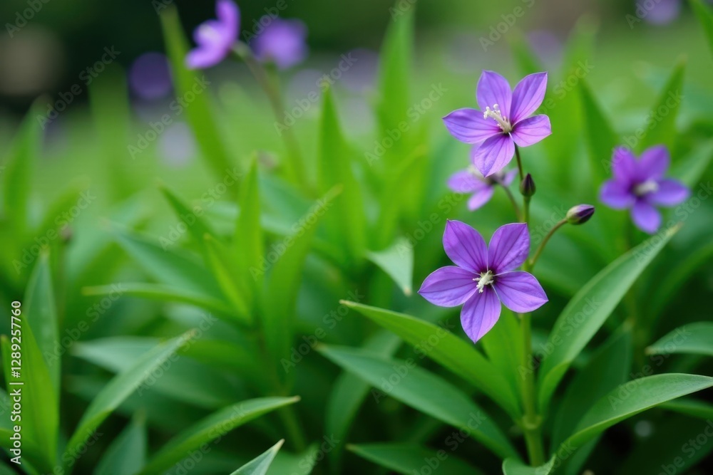 Showy purple violet flowers with pointed leaves in a dense thicket of greenery, showy, plants, wildflowers Showy purple violet flowers with pointed leaves in a dense thicket of greenery, showy, plants, wildflowers