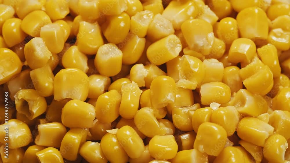 Canned sweet corn macro close up rotating on dark background. Close up on opened aluminum can with corn. Canned sweet corn macro close up rotating on dark background. Close up on opened aluminum can with corn.