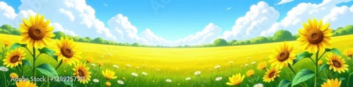 Sunny meadow landscape with bright yellow sunflowers and fluffy white clouds, countryside, wildflowers