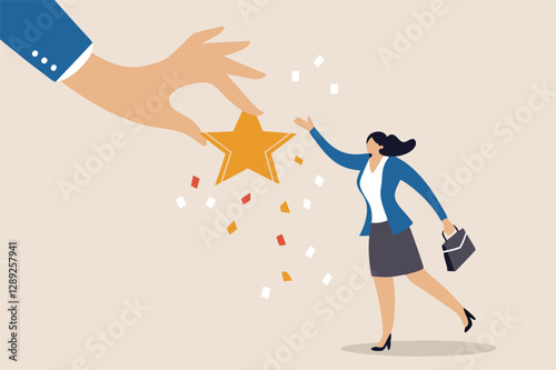 Employee success recognition, encourage and motivate best performance, cheering or honor on success or achievement concept, winning confidence businesswoman standing on big hand getting star reward.