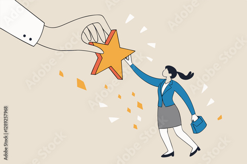Employee success recognition, encourage and motivate best performance, cheering or honor on success or achievement concept, winning confidence businesswoman standing on big hand getting star reward.