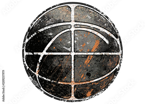 Worn retro basketball ball illustration, distressed grunge texture, vintage stamp, transparent background, stencil design, basketball art, retro sport logo, grunge texture,