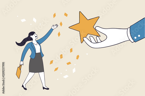 Employee success recognition, encourage and motivate best performance, cheering or honor on success or achievement concept, winning confidence businesswoman standing on big hand getting star reward.