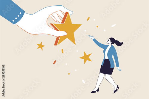 Employee success recognition, encourage and motivate best performance, cheering or honor on success or achievement concept, winning confidence businesswoman standing on big hand getting star reward.