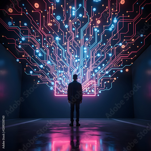 A person stands in a dark room, gazing at a vibrant digital display of colorful circuits and icons, evoking a sense of wonder and exploration in an advanced technological setting
