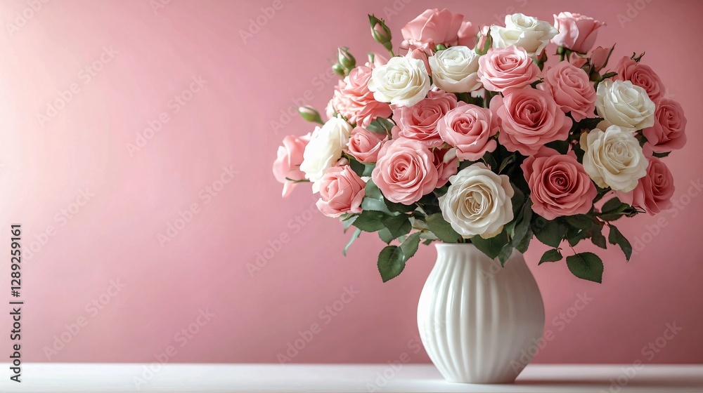 Obraz premium A serene bouquet of delicate roses in a chic white vase, perfect for Mother's Day, women's events, or any romantic occasion, featuring ample space for text integration.