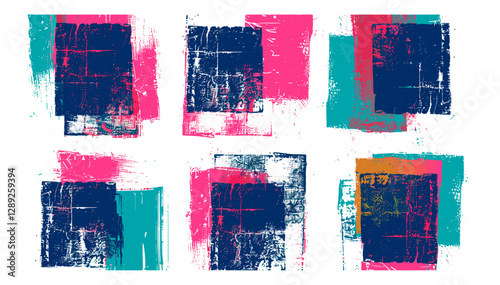 Abstract vector glitch effect stamp overprint with distressed grunge texture, vignette boxes isolated on transparent background, retro, vintage, noisy, distortion, overlay, printmaking, scratch