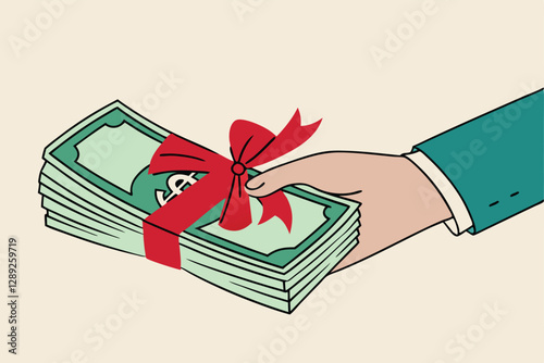 Paying extra bonus money to employee, special gift more salary or premium payment for high performance worker concept, businessman boss hand giving banknotes cash with reward ribbon.