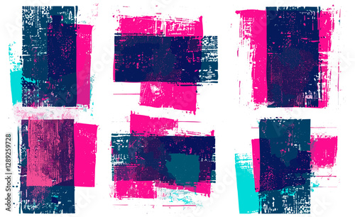 Vector glitch effect abstract stamp overprint, distressed grunge texture, vignette boxes on transparent background, distortion, worn, old, damaged, static, noise, ink, messy, retro