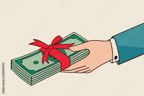 Paying extra bonus money to employee, special gift more salary or premium payment for high performance worker concept, businessman boss hand giving banknotes cash with reward ribbon.