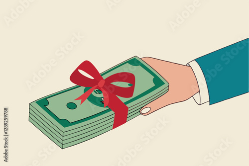 Paying extra bonus money to employee, special gift more salary or premium payment for high performance worker concept, businessman boss hand giving banknotes cash with reward ribbon.