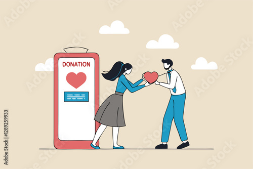 Charity donation, donate online with care to help and support people, giving money or volunteer, mobile social app to help other people concept, man and woman put heart shape into mobile donation app.