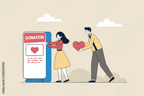 Charity donation, donate online with care to help and support people, giving money or volunteer, mobile social app to help other people concept, man and woman put heart shape into mobile donation app.