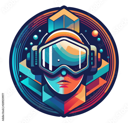 Vector logo with person wearing futuristic virtual reality goggles, immersed in geometric digital world, exploring the metaverse