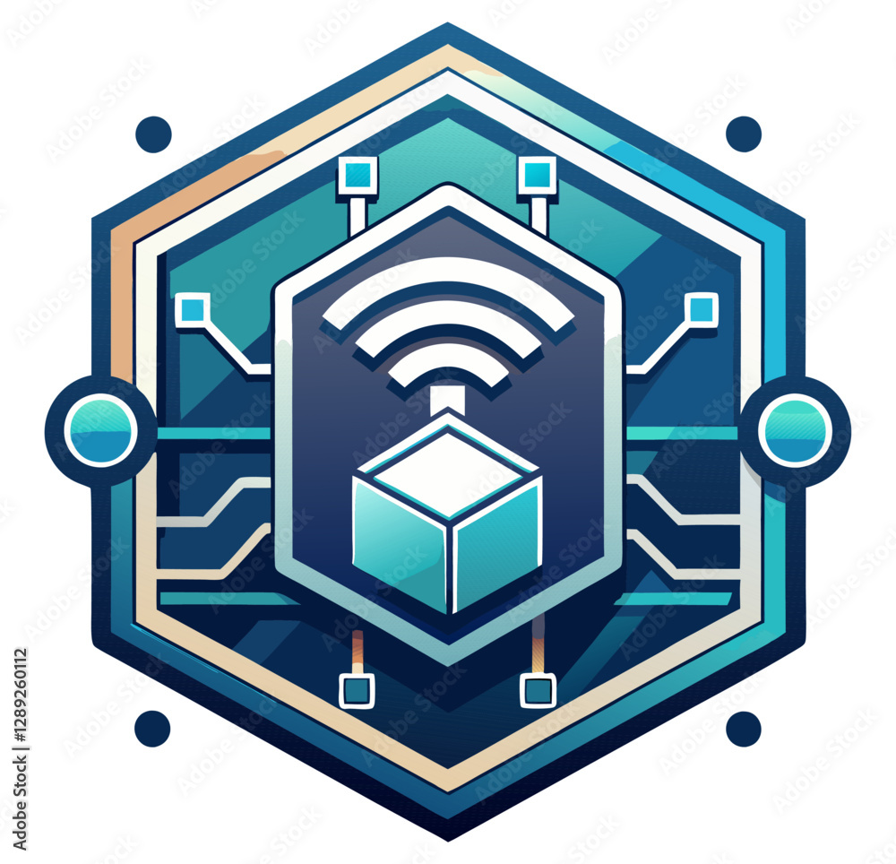 Hexagonal cyber security logo featuring a wifi symbol transmitting data to a cube, symbolizing secure data storage and protection with electronic circuits and nodes Hexagonal cyber security logo featuring a wifi symbol transmitting data to a cube, symbolizing secure data storage and protection with electronic circuits and nodes