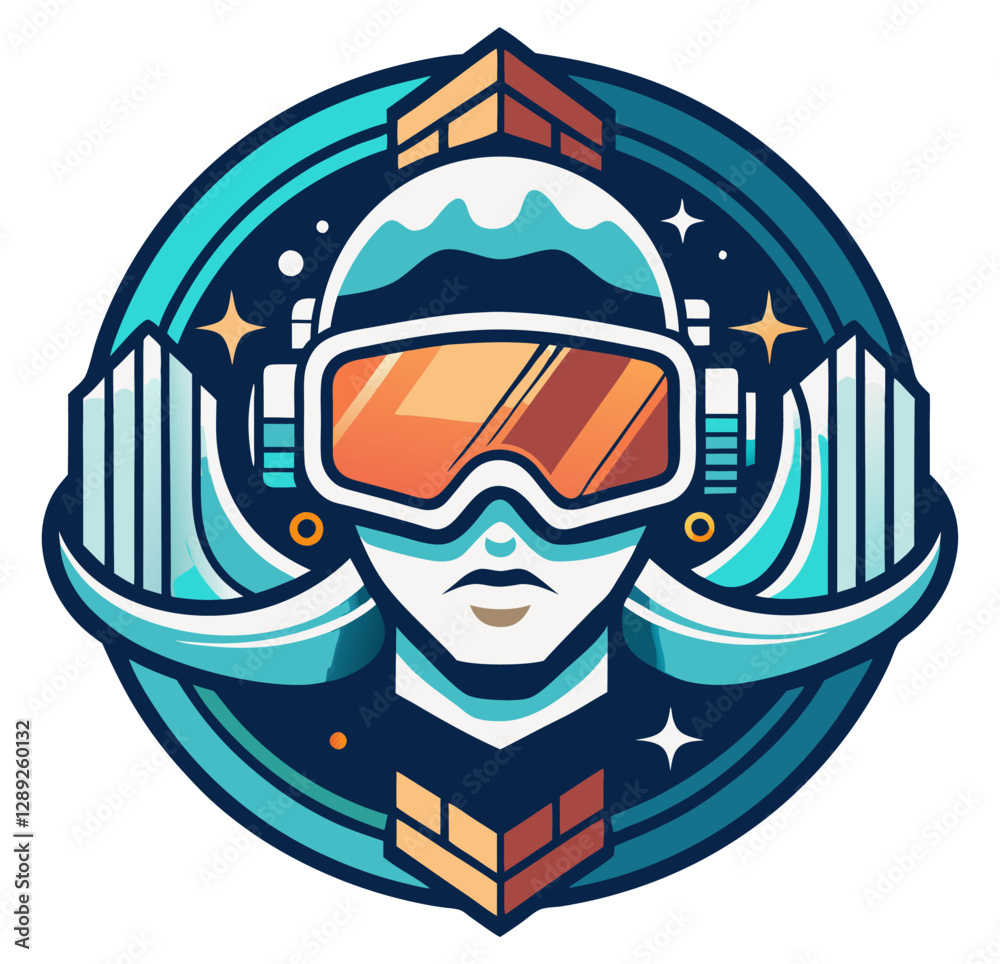 Obraz premium VR logo or emblem with gamer wearing a futuristic vr headset immersing in a vibrant cyberspace filled with abstract geometric shapes and digital elements, embodying the excitement of virtual reality g